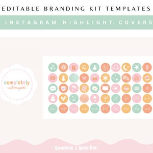 May include: A set of 48 customizable Instagram highlight covers featuring a variety of pastel-colored icons and illustrations. The icons include a pineapple, a coffee cup, a star, a moon, a microphone, a dress, a camera, a palm tree, a heart, a cocktail glass, and more. The text "completely customizable" is also included in the image.