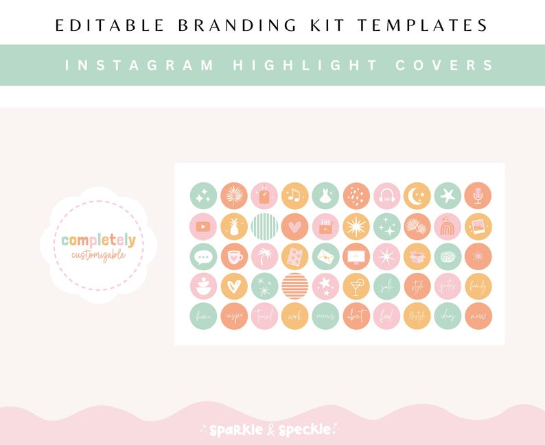 May include: A set of 48 customizable Instagram highlight covers featuring a variety of pastel-colored icons and illustrations. The icons include a pineapple, a coffee cup, a star, a moon, a microphone, a dress, a camera, a palm tree, a heart, a cocktail glass, and more. The text "completely customizable" is also included in the image.