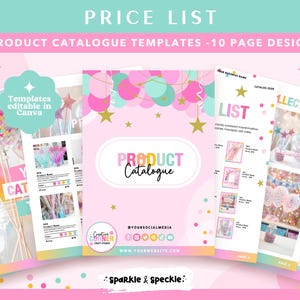 Op de afbeelding: Een productcatalogusontwerp met een roze en blauwgroen kleurenschema. De catalogus bevat de tekst "PRICE LIST" en "PRODUCT CATALOGUE TEMPLATES - 10 PAGE DESIGN". De catalogus bevat de tekst "PRODUCT Catalogue" en "Templates editable in Canva".