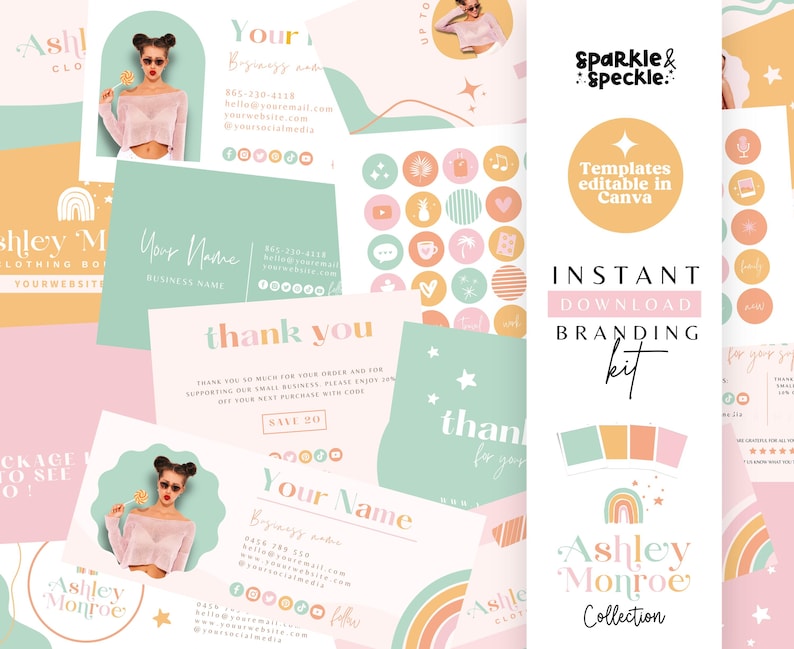 May include: A branding kit for a business called Sparkle & Speckle. The kit includes templates for social media, logos, and thank you cards. The templates are editable in Canva and feature a rainbow, stars, and a color palette of pink, orange, and green.