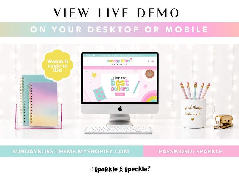 May include: A desktop computer displaying a website titled Sunday Bliss Creative Co. with a Shop Our Best Sellers banner. Beside it are two spiral notebooks in a clear holder, a mug with the text good things take time, and a gold stapler.