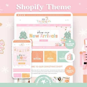 May include: A Christmas-themed Shopify design in pink and green, featuring a website and phone mockup. The design includes gingerbread biscuits, a nutcracker, and the text "Shop our New Arrivals".