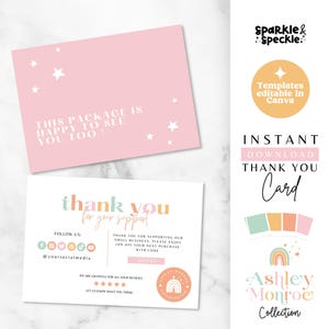 Plantillas de tarjetas de agradecimiento editables en color rosa, bricolaje, gracias por su compra, tarjeta de inserción de pedido de compra, ASH01 - Sparkle & Speckle