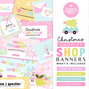 Pastel Christmas Shop Banner Templates for Shopify: Editable Canva Website Kit, Holiday Aesthetic  - CHRI01 Sparkle & Speckle