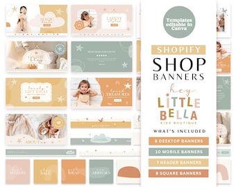 Szablony banerów boho dla dzieci Shopify • Branding witryny w neutralnych kolorach ziemi • Edytowalne banery sklepowe Canva dla butików – HLB01 Sparkle & Speckle