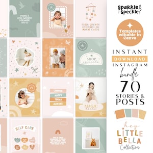Könnte beinhalten: Eine Sammlung von Instagram-Vorlagen in sanften Pastellfarben, mit Fotos und Text. Das Bundle umfasst 70 Stories und Beiträge, mit Text wie "Instant Download Instagram Bundle" und "Hey Little Bella Collection."