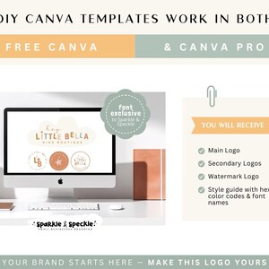 Pu&ograve; includere: Un monitor di computer mostra un design del logo per una boutique per bambini. Il testo recita "DIY Canva Templates Work in Both Free Canva & Canva Pro." L'immagine include il testo "Hey Little Bella Kids Boutique" e "Sparkle & Speckle: Small Businesses Branding."