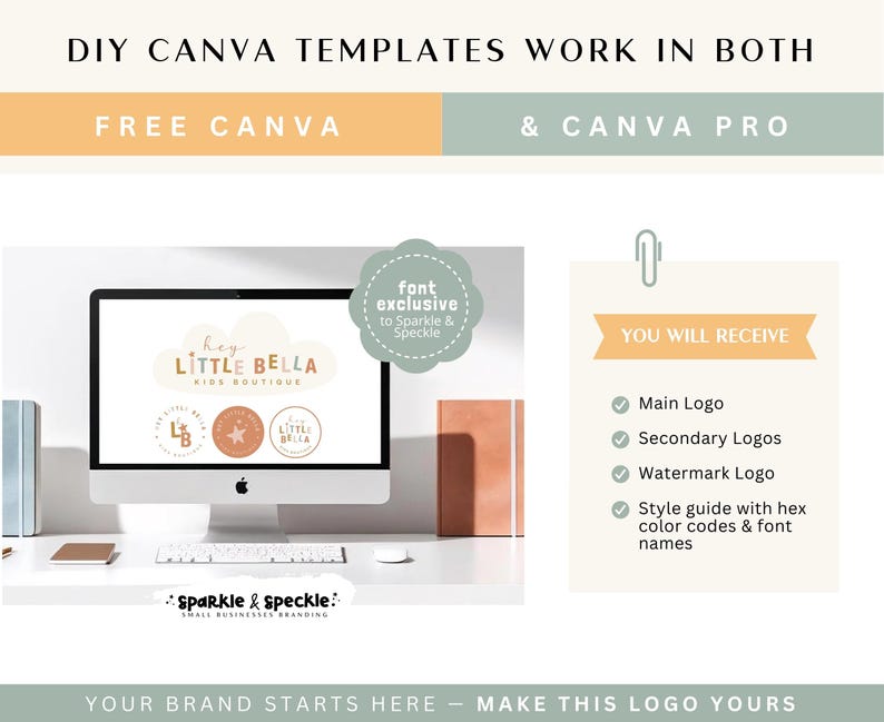 Pu&ograve; includere: Un monitor di computer mostra un design del logo per una boutique per bambini. Il testo recita "DIY Canva Templates Work in Both Free Canva & Canva Pro." L'immagine include il testo "Hey Little Bella Kids Boutique" e "Sparkle & Speckle: Small Businesses Branding."