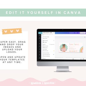 May include: A computer screen displaying a Canva design template for a birthday invitation. The template features a rainbow design with the text "Your Name" and "You're Invited".