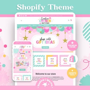 May include: A digital Shopify theme template display featuring a pink and teal colour scheme with gold star accents. The interface shows the Creative Corner Craft Studio branding, navigation menus, and sections for gift ideas and new arrivals.