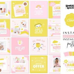 Colorful Instagram Templates, Posts Fully Editable in Canva, Pastel Pink And Bright Yellow Instagram Feed, luc