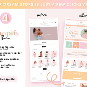 May include: A before-and-after comparison of a Shopify theme design. The "before" design is a basic website layout, while the "after" design showcases a more visually appealing and organized layout. Text includes "Shopify Theme", "Change Colors/fonts/text", and "Our Best Sellers".