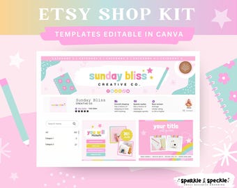 Kit de tienda Etsy en tonos pastel / Plantillas editables de Canva para papelerías / Banners, anuncios y tarjetas de agradecimiento - SUNB01 Sparkle & Speckle