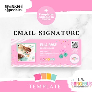 Könnte beinhalten: Rosa-weißes E-Mail-Signatur-Template mit Konfetti-Design. Die Vorlage enthält einen QR-Code, Social-Media-Icons und den Text "ELLA ROSE" und "hello GORGEOUS. STATIONERY SHOP".