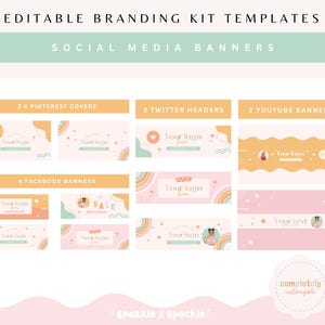 May include: A set of social media banner templates featuring a rainbow, stars, and the text "Your logo here". The templates are designed for Pinterest, Twitter, YouTube, and Facebook.