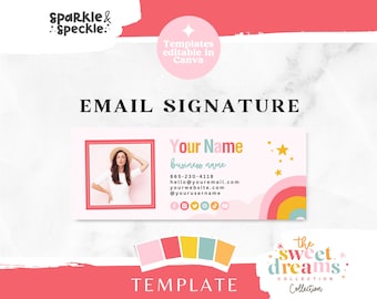 Könnte beinhalten: Bearbeitbare E-Mail-Signaturvorlage mit einem Regenbogen-Design mit Sternen, einer Frau vor einem rosa Hintergrund und dem Text "Your Name", "business name", "865-230-4118", "hello@youremail.com", "yourwebsite.com" und "@yourusername". Die Vorlage ist Teil der "the sweet dreams: Collection".