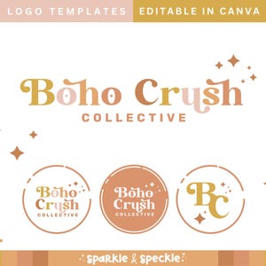 May include: Logo templates for a business called "Boho Crush Collective". The logo features a stylized text design in a peach and gold color scheme with a starburst design. There are three variations of the logo, one with the full name, one with the name abbreviated to "BC", and one with the full name in a circle.