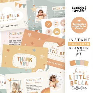 Könnte beinhalten: Ein digitales Branding-Set für eine Kinderboutique mit Visitenkarten, Dankeskarten und runden Symbolen in einer gedämpften Palette aus Beige, Salbeigrün und Terrakotta. Der Text umfasst Hey Little Bella Kids Boutique, Sparkle & Speckle und Templates editable in Canva. Die Designs zeigen Sterne, Wolken und Vogelillustrationen.