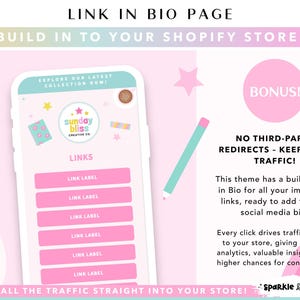 May include: A digital graphic displaying a Link in Bio page for a Shopify store. The interface features a mobile phone mockup with pink buttons labeled Link Label, a Sunday Bliss Creative Co logo, and text including Bonus and No Third-Party Redirects.