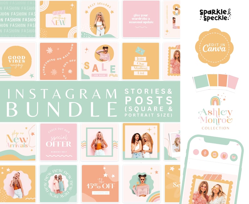 Instagram Templates Bundle, Boho Instagram Stories, Instagram Canva Posts, Colourful Instagram Posts, Bright Pastel Social Media Post, Sparkle & Speckle