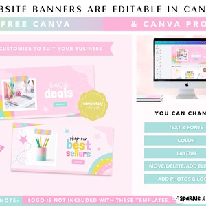 May include: Editable website banner templates for Canva featuring pastel pink backgrounds, rainbow graphics, and star accents. The designs include text such as 'limited deals' and 'shop our best sellers'. The templates allow for customization of text, fonts, colors, layouts, and elements.