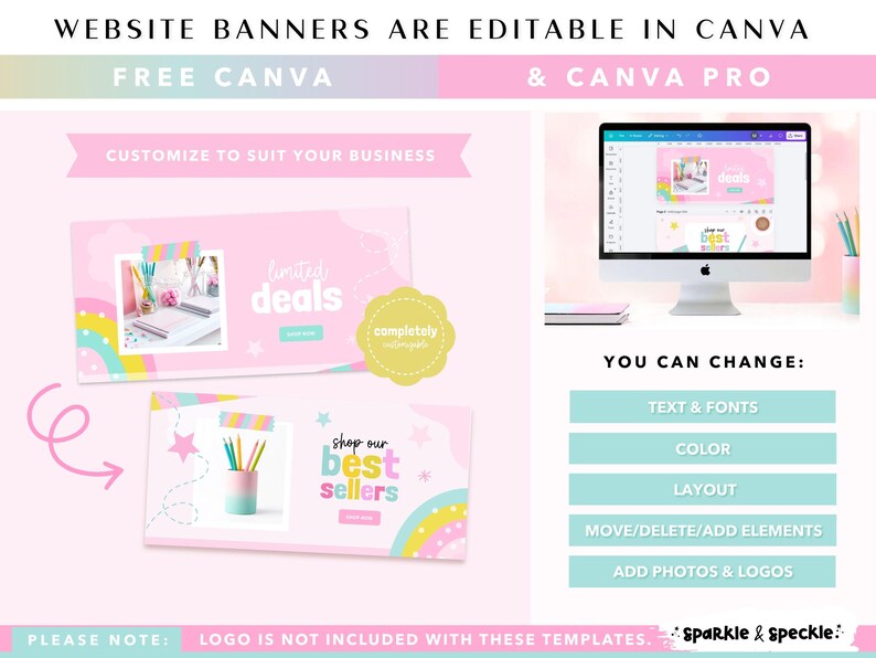 May include: Editable website banner templates for Canva featuring pastel pink backgrounds, rainbow graphics, and star accents. The designs include text such as 'limited deals' and 'shop our best sellers'. The templates allow for customization of text, fonts, colors, layouts, and elements.