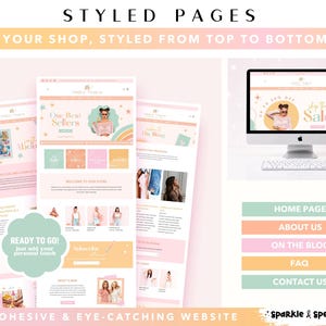 May include: A website design concept with a soft pastel color scheme. The design includes mockups of website pages on a computer screen and mobile devices. Text includes "Styled Pages" and "Your Shop, Styled From Top to Bottom."