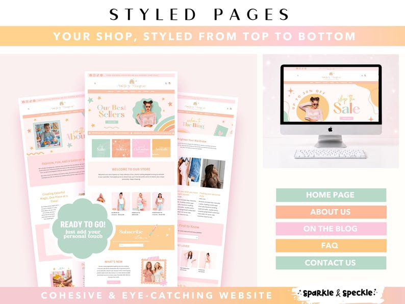 May include: A website design concept with a soft pastel color scheme. The design includes mockups of website pages on a computer screen and mobile devices. Text includes "Styled Pages" and "Your Shop, Styled From Top to Bottom."