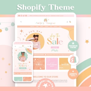 May include: A Shopify theme design with a website and mobile phone display. The website features a pastel color scheme with the text "Shop the Sale" and "30% Off". The mobile phone displays "Our Best Sellers". The design includes stars and a rainbow.