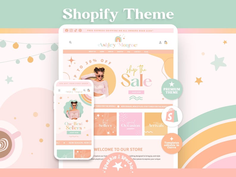 May include: A Shopify theme design with a website and mobile phone display. The website features a pastel color scheme with the text "Shop the Sale" and "30% Off". The mobile phone displays "Our Best Sellers". The design includes stars and a rainbow.