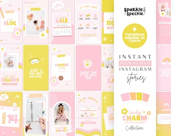 May include: A set of 10 pink and yellow Instagram story templates with illustrations and text. The templates feature phrases like "on the blog", "sleep is the best meditation", "coffee time is the best time", and "lucky charm".