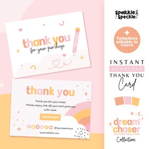 Plantilla de tarjeta de agradecimiento editable para Canva: inserto de pedido DIY colorido, nota de compra personalizable, descarga instantánea – DC01 Sparkle & Speckle
