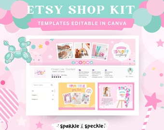 Kit para tiendas de artículos para fiestas en Etsy / Plantillas editables de Canva para negocios de globos y tiendas de eventos - CCN01 Sparkle & Speckle