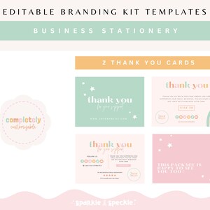 May include: Two editable thank you card templates with a rainbow and star design. The text on the cards reads "thank you for your support" and "This package is happy to set you too!"
