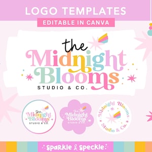 Logo Template: Editable Retro Rainbow Logo Kit, Canva DIY Colorful Branding - Sparkle & Speckle