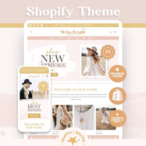 May include: A digital Shopify theme template displayed on a desktop monitor and a mobile phone screen. The interface features a soft beige and white color palette with text including Shop New Arrivals, Welcome to Our Store, and Shop Best Sellers.
