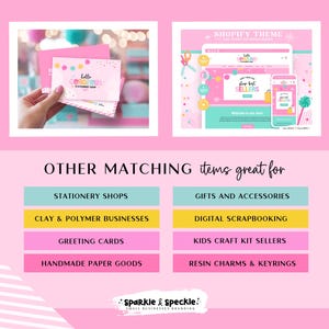 Puede incluir: Papeler&iacute;a rosa y blanca con el texto "hello GORGEOUS" y confeti colorido. La imagen tambi&eacute;n muestra un dise&ntilde;o de tema Shopify con un sitio web y una maqueta de tel&eacute;fono. El texto adicional incluye "Shop Best Sellers" y "Other Matching Items Great For".