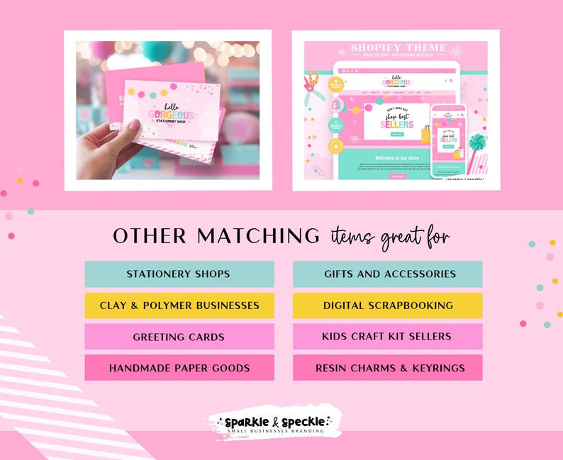 Puede incluir: Papeler&iacute;a rosa y blanca con el texto "hello GORGEOUS" y confeti colorido. La imagen tambi&eacute;n muestra un dise&ntilde;o de tema Shopify con un sitio web y una maqueta de tel&eacute;fono. El texto adicional incluye "Shop Best Sellers" y "Other Matching Items Great For".