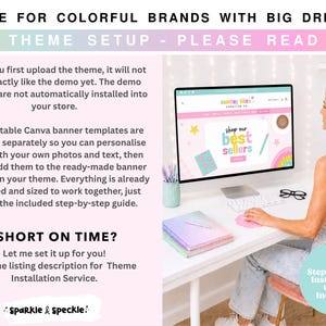 May include: A digital display showing a website interface with the text "sunday bliss creative co." and "shop our best sellers" on a computer monitor. The image includes instructional text about theme setup, Canva banner templates, and installation.