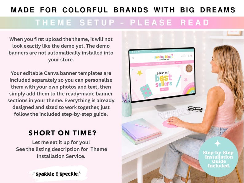 May include: A digital display showing a website interface with the text "sunday bliss creative co." and "shop our best sellers" on a computer monitor. The image includes instructional text about theme setup, Canva banner templates, and installation.