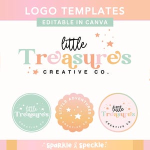 Può includere: Un design grafico con modelli di logo con il testo "LOGO TEMPLATES" e "EDITABLE IN CANVA". Il logo principale recita "little Treasures CREATIVE CO." in un carattere giocoso. Sono mostrate anche tre varianti di logo circolari, con colori pastello e accenti di stelle.