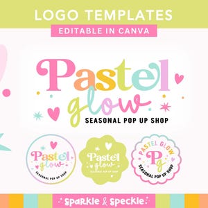 Könnte beinhalten: Ein Grafikdesign mit den Worten "LOGO TEMPLATES" und "EDITABLE IN CANVA" in einem hellgrünen Banner. Der Haupttext lautet "Pastel glow SEASONAL POP UP SHOP" in verschiedenen Pastellfarben. Drei Logo-Variationen werden darunter angezeigt. Dekorative Herzen und Sterne sind verstreut.