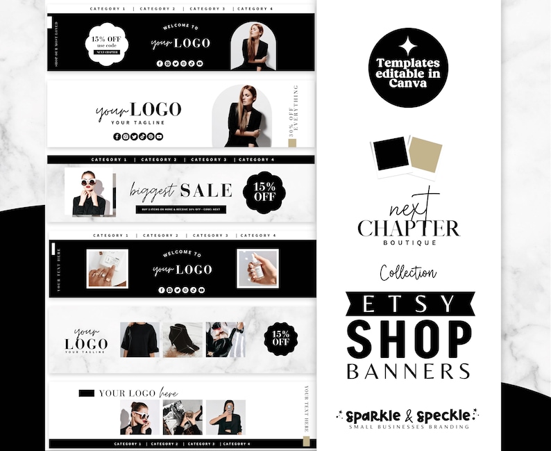 Elegant Minimal Black and White Etsy Shop Banner Templates for ...