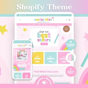 Può includere: Un modello di sito web Shopify che mostra una vista desktop e mobile per Sunday Bliss Creative Co. L'interfaccia utilizza una tavolozza di colori pastello con accenti rosa, gialli e turchesi, visualizzando il testo Shop our best sellers.