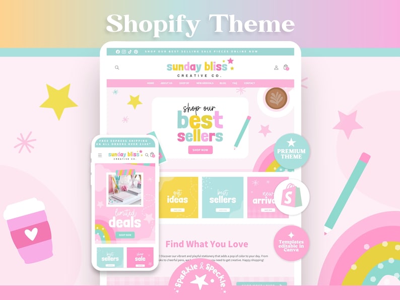 May include: A Shopify theme website template display featuring a desktop and mobile view for Sunday Bliss Creative Co. The interface uses a pastel color palette with pink, yellow, and teal accents, displaying text like Shop our best sellers.