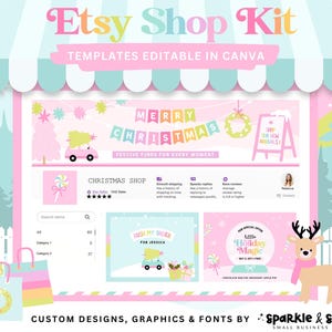 May include: A pastel pink and blue Etsy Shop Kit design with the text "Etsy Shop Kit" and "Templates Editable in Canva." The design includes Christmas-themed graphics, shopping bags, and the text "Merry Christmas."