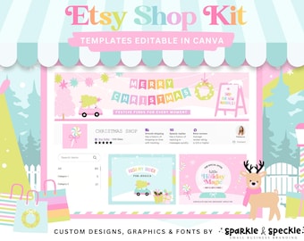 May include: A pastel pink and blue Etsy Shop Kit design with the text "Etsy Shop Kit" and "Templates Editable in Canva." The design includes Christmas-themed graphics, shopping bags, and the text "Merry Christmas."