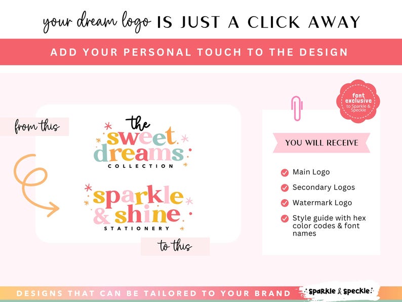 K&ouml;nnte beinhalten: Grafikdesign-Bild mit dem Text "your dream logo IS JUST A CLICK AWAY". Das Bild zeigt Logo-Beispiele f&uuml;r "the sweet dreams collection" und "sparkle & shine stationery". Es listet auch auf, was Sie erhalten.