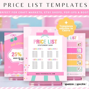 Edytowalny szablon cennika – Rainbow Canva Pricing Sign na jarmarki rzemieślnicze, pop-upy i sklepy papiernicze – Sparkle & Speckle HGS01
