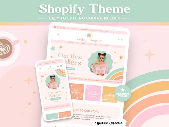 Rainbow Shopify Theme: Boutique Website Template with Editable Canva Banners for Creative Ecommerce Stores - ASH01 Sparkle & Speckle